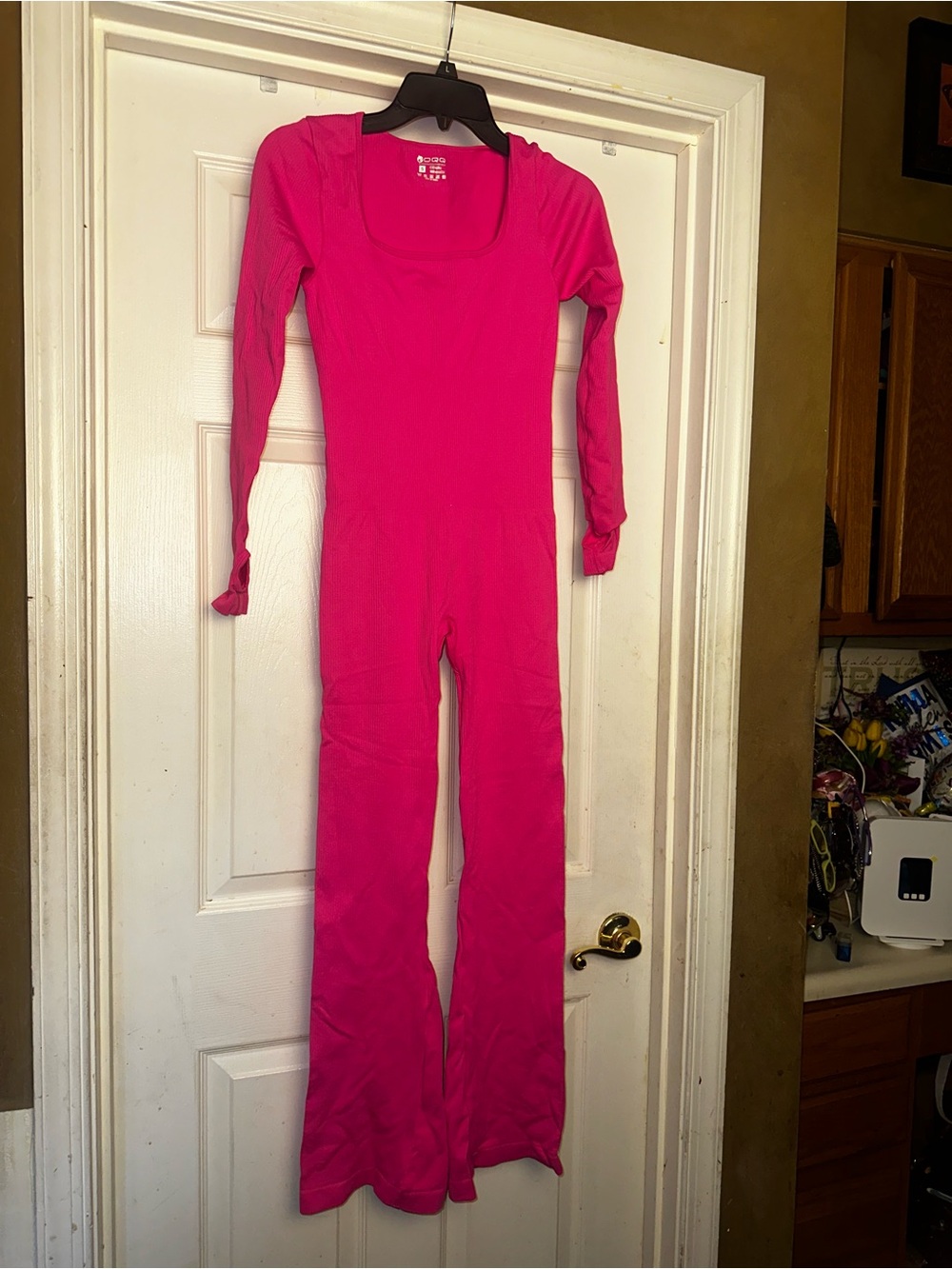 Bright Pink Long-Sleeve Square-Neck Jumpsuit